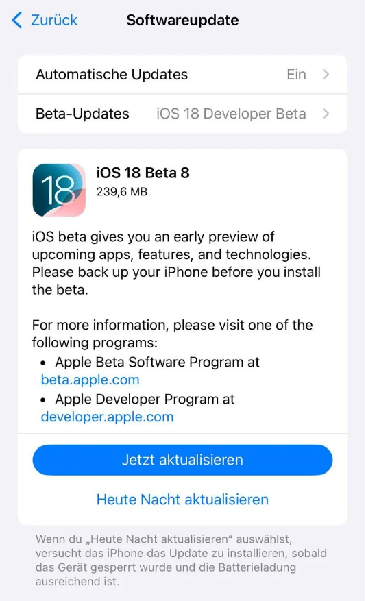 西区街道苹果手机维修分享苹果 iOS / iPadOS 18 开发者预览版 Beta 8 发布 